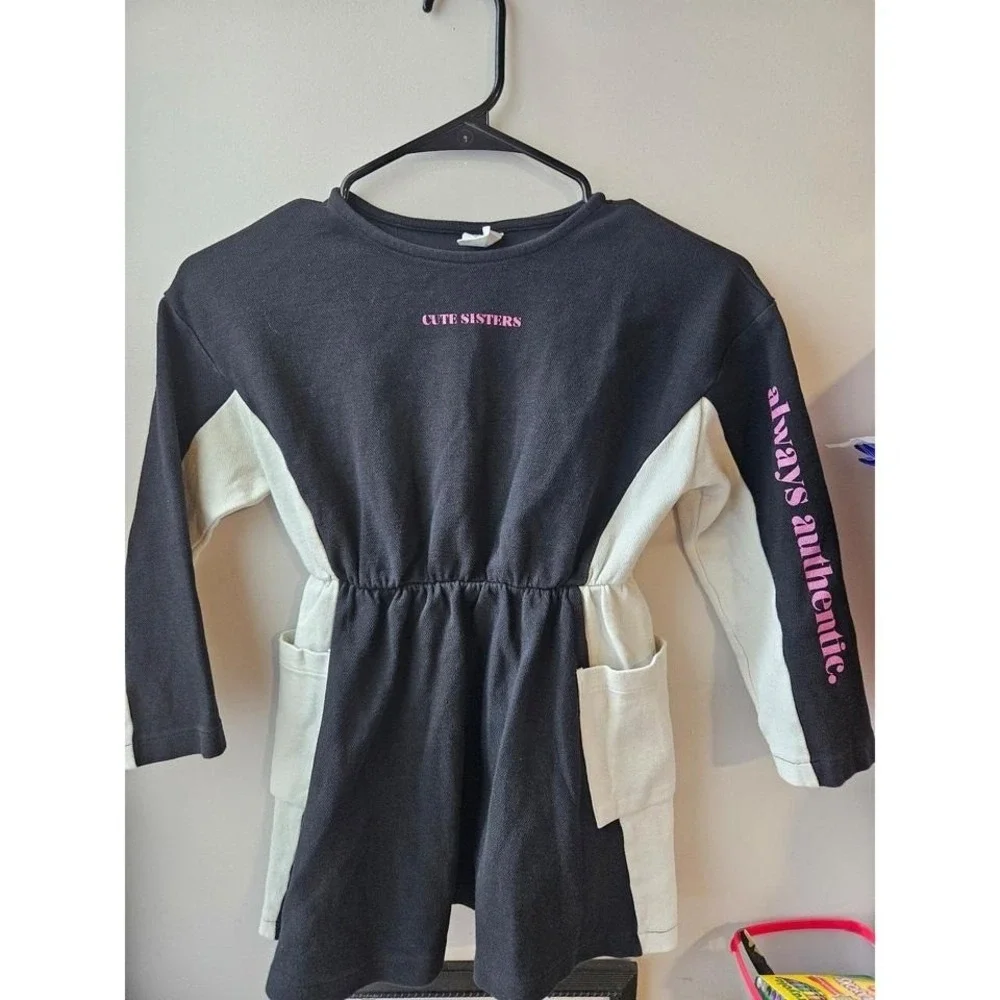 ZARA Girls Dress Sz 8 Black‎ Colorblock Long Sleeve Waist Pockets 